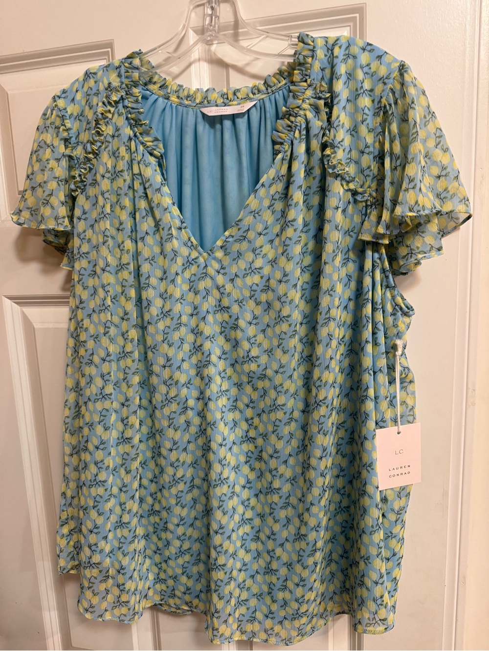 LC Lauren Conrad Blue and Yellow Lemon-Print Flutter V-Neck Blouse